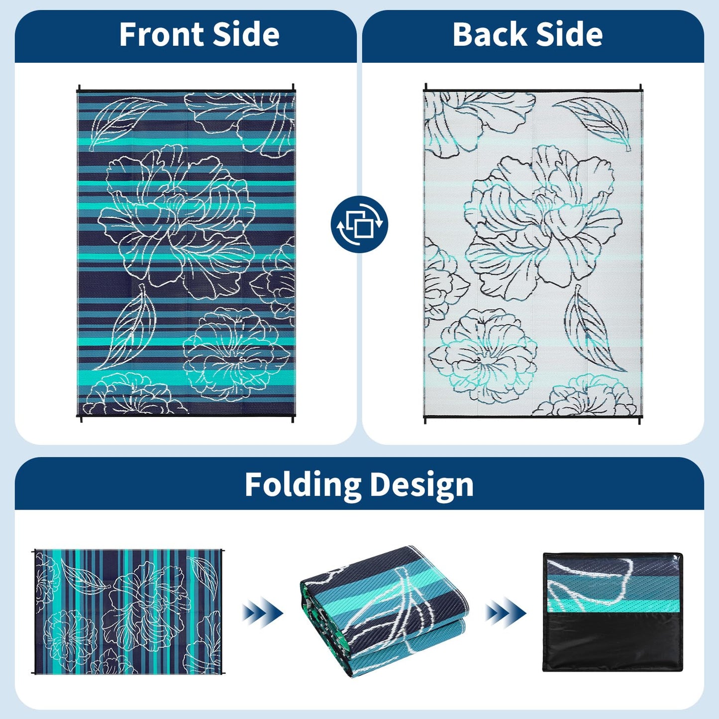Garvee 5x8 Outdoor Waterproof Rug, Floral Outdoor Area Rug，Reversible Plastic Straw Patio Rug, Portable Camping Mat for RV, Picnic, Beach, Balcony, Garden & Camping Black&Blue