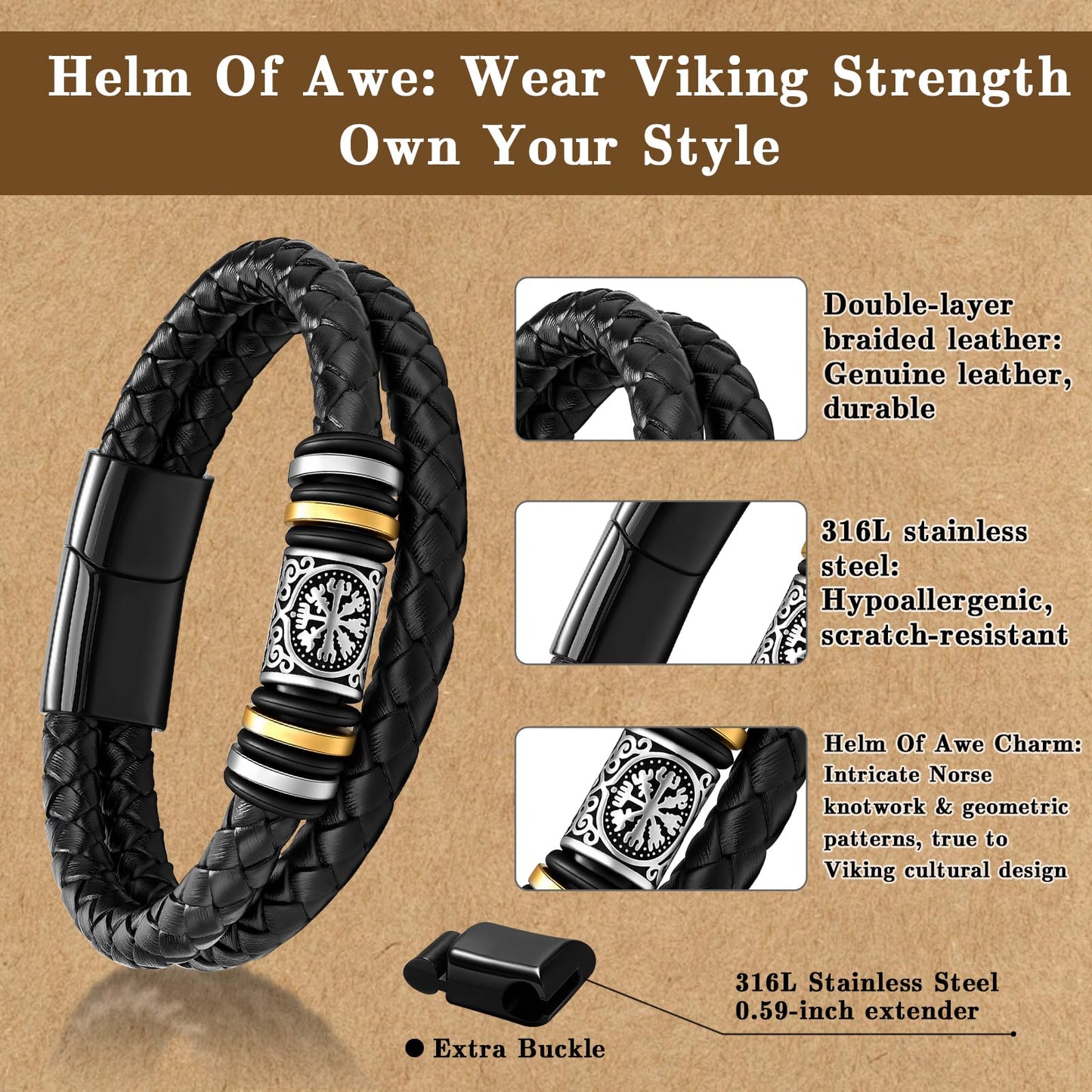 leejory Viking Bracelet for Men, Double-Row Braided Genuine Black Leather Cuff Wristband Norse Compass Symbol Vegvisir Bracelets, Nordic Jewelry Religious Pagan Amulet Gift for Mens Teen Grandson Son