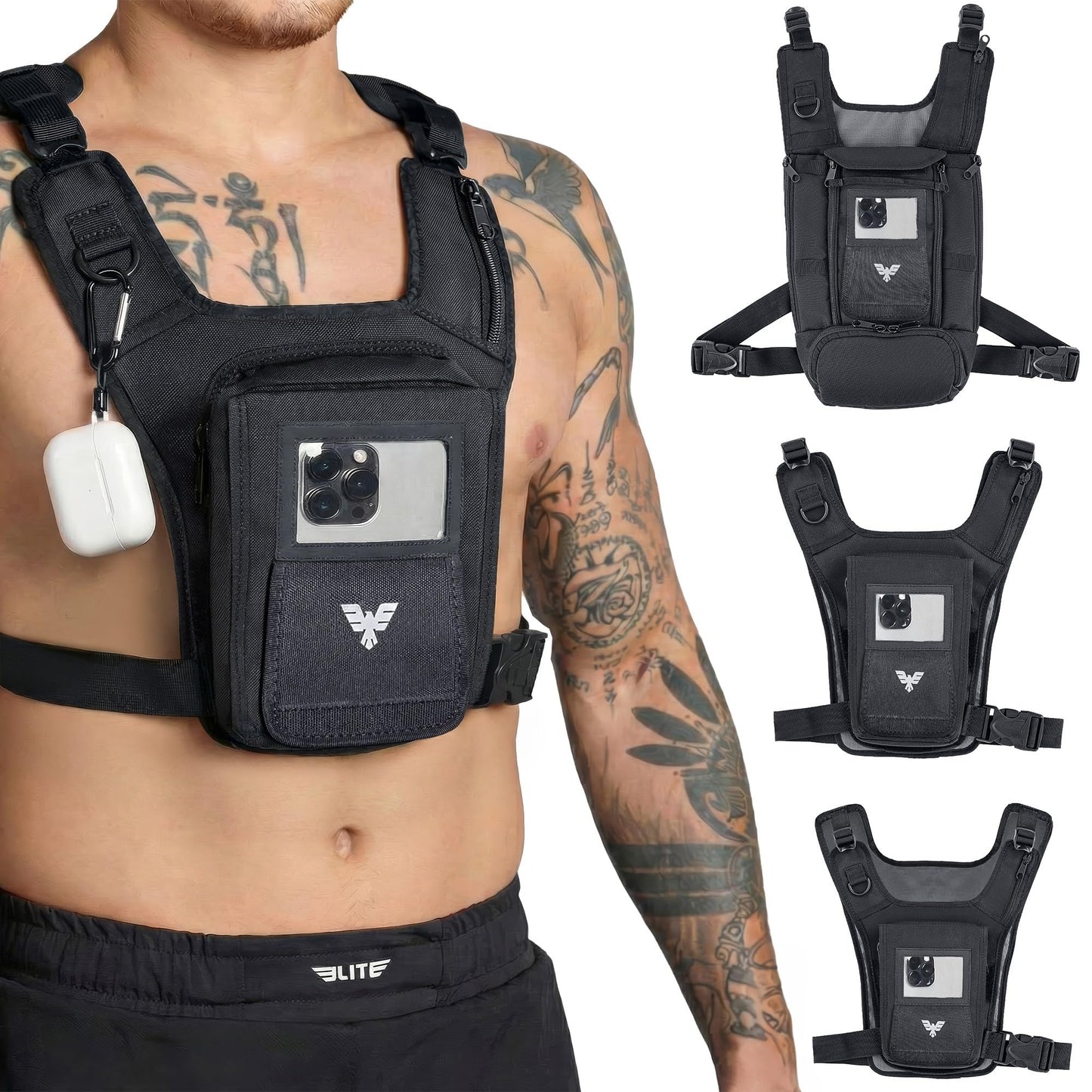 Elite Sports Running Vest w/Phone Holder for Men/Women, Reflective Lightweight Chest Pack w/Touch Friendly Phone Sleeve, Camera Pocket - Chest Rig for Hiking, Trail, Marathon, Camping