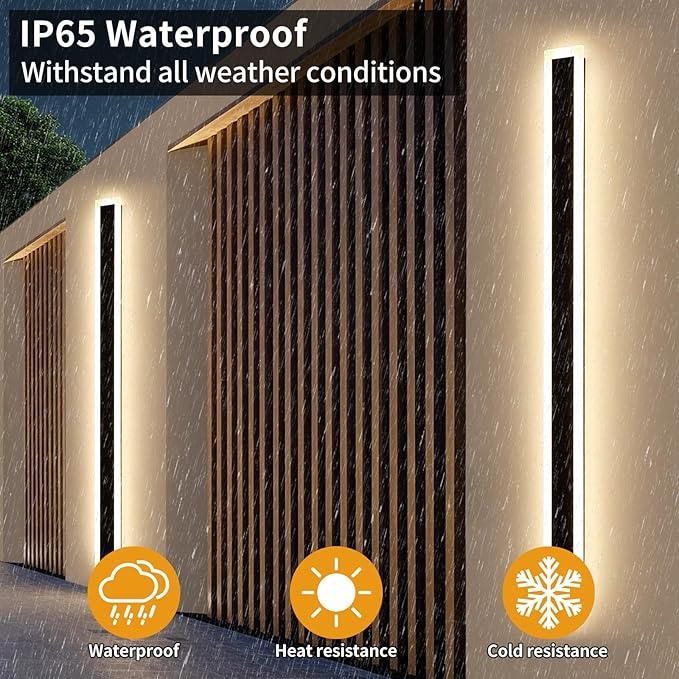 Upgrade Widened 2 Pack Modern Outdoor Wall Light, 71inch Minimalist LED Wall Sconce, 3 Color 3000K/4500K/6000K, 60W, IP65 Waterproof, Black Long Exterior Lighting Fixture for Patio, Garden, Garage
