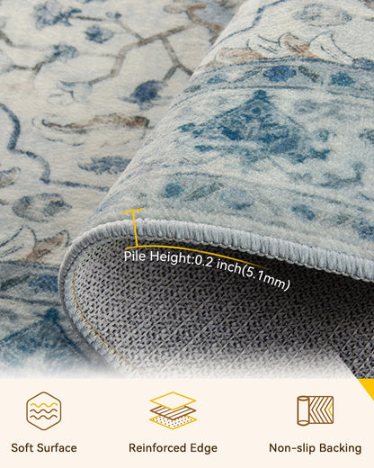 RELEANY Area Rugs 5'x7' Washable Non-Slip, Floral Vintage Distress Medallion Carpet for Living Room Bedroom Dining Room, Light Blue Navy Gray White
