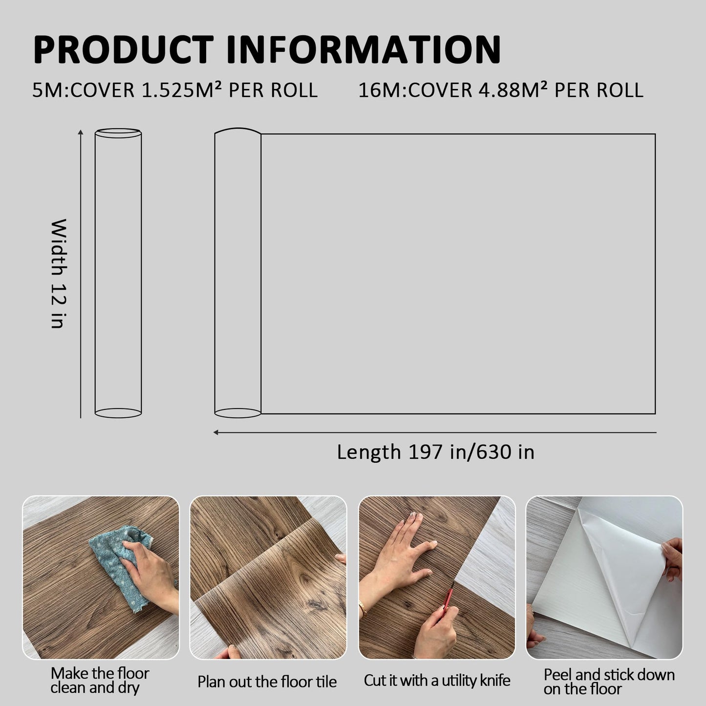 Lareko Wood Peel and Stick Vinyl Flooring Roll – 197" Length 12" Width Floor Tile - Dark Brown Self-Adhesive Sheet Flooring Waterproof, Wide Plank for,Bathroom,Bedroom, Kitchen (16 Sq.Ft