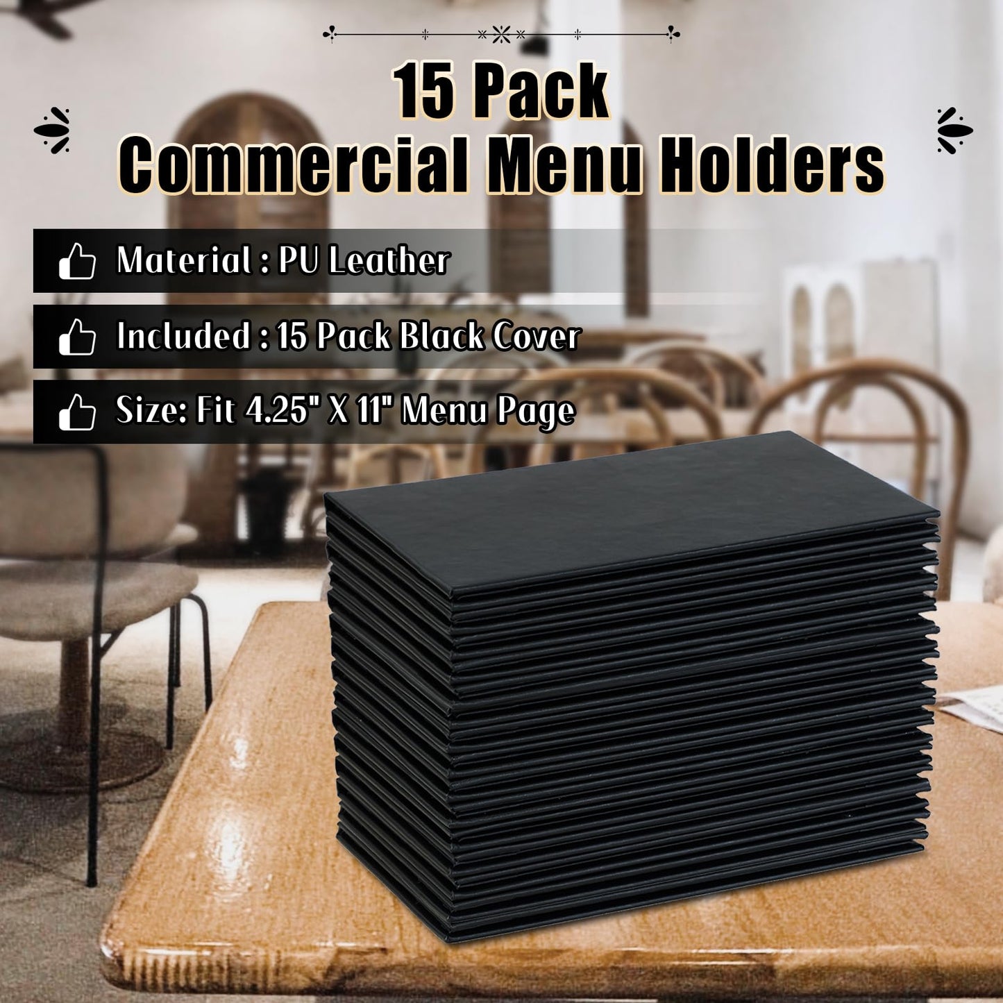 FLKQC 15 Pack Restaurant Menu Covers Holders 4.25" X 11", 3 Page 4 View Synthetic Leather Menu Holder Covers Book Style with Angled Corners Black for Wine List, Morning Menu, Wine Menu (15, 3 Page)