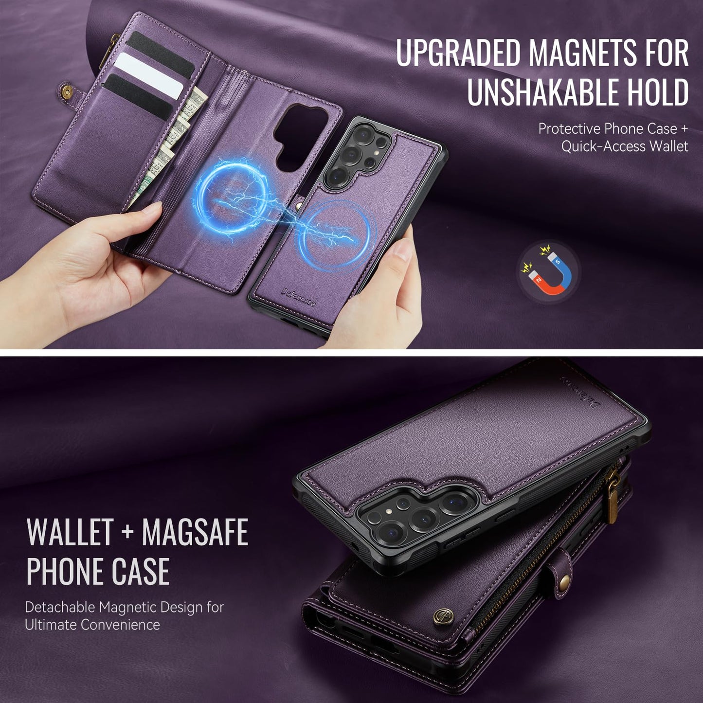 Defencase for Samsung Galaxy S24 Ultra Magnetic Wallet Case Compatible with Magsafe with RFID Blocking Zipper & Card Holder Women, PU Leather Detachable Phone Case for Galaxy S24 Ultra 6.8", Purple