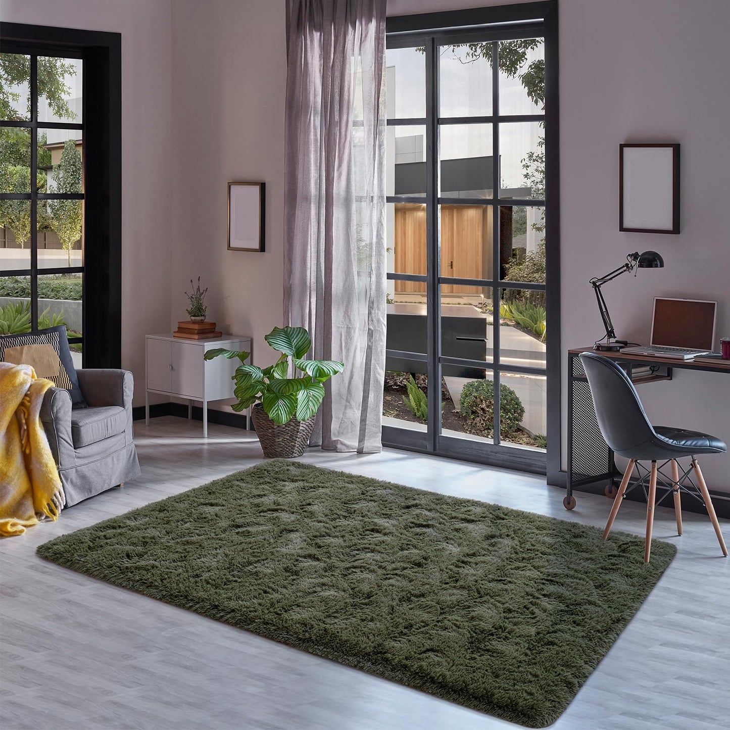Goideal Fluffy Rug for Bedroom Living Room, 5x7 Olive Green Area Rugs, Faux Fur Shag Modern Carpet Ultra Soft Girls Boys Room Home Decor, Solid