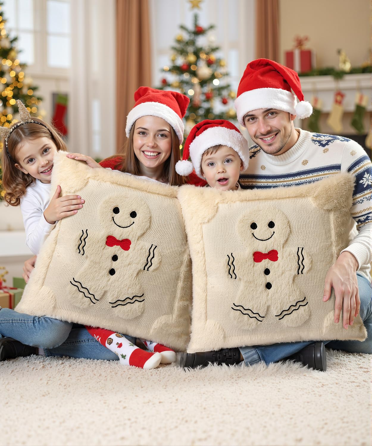 SEGXCFL Christmas Pillow Covers Set of 2 Soft Plush Faux Fur Pillow Cases 3D Embroidered Decorative Couch Cover Home Decor Christmas Throw Pillow Covers 18x18,Beige Gingerbread Man