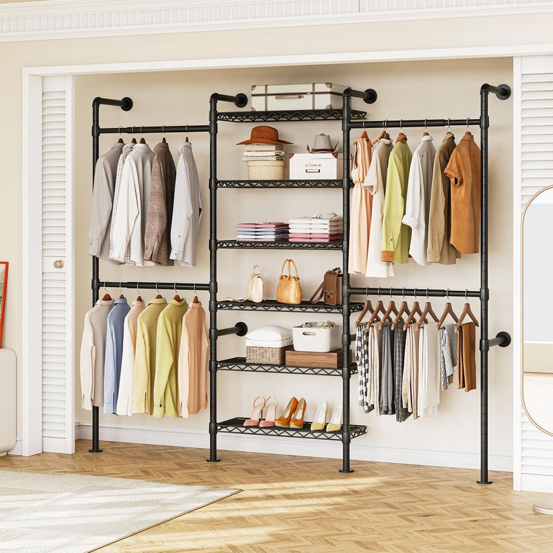 ONBRILL H3 Expandable Wall Mounted Closet System, 5.4FT-8.1FT Closet Organizer with 4 Telescopic Rods & 6 Wire Shelves, Industrial Pipe Clothing Rack for Walk-in & Reach-in Closet (Black)
