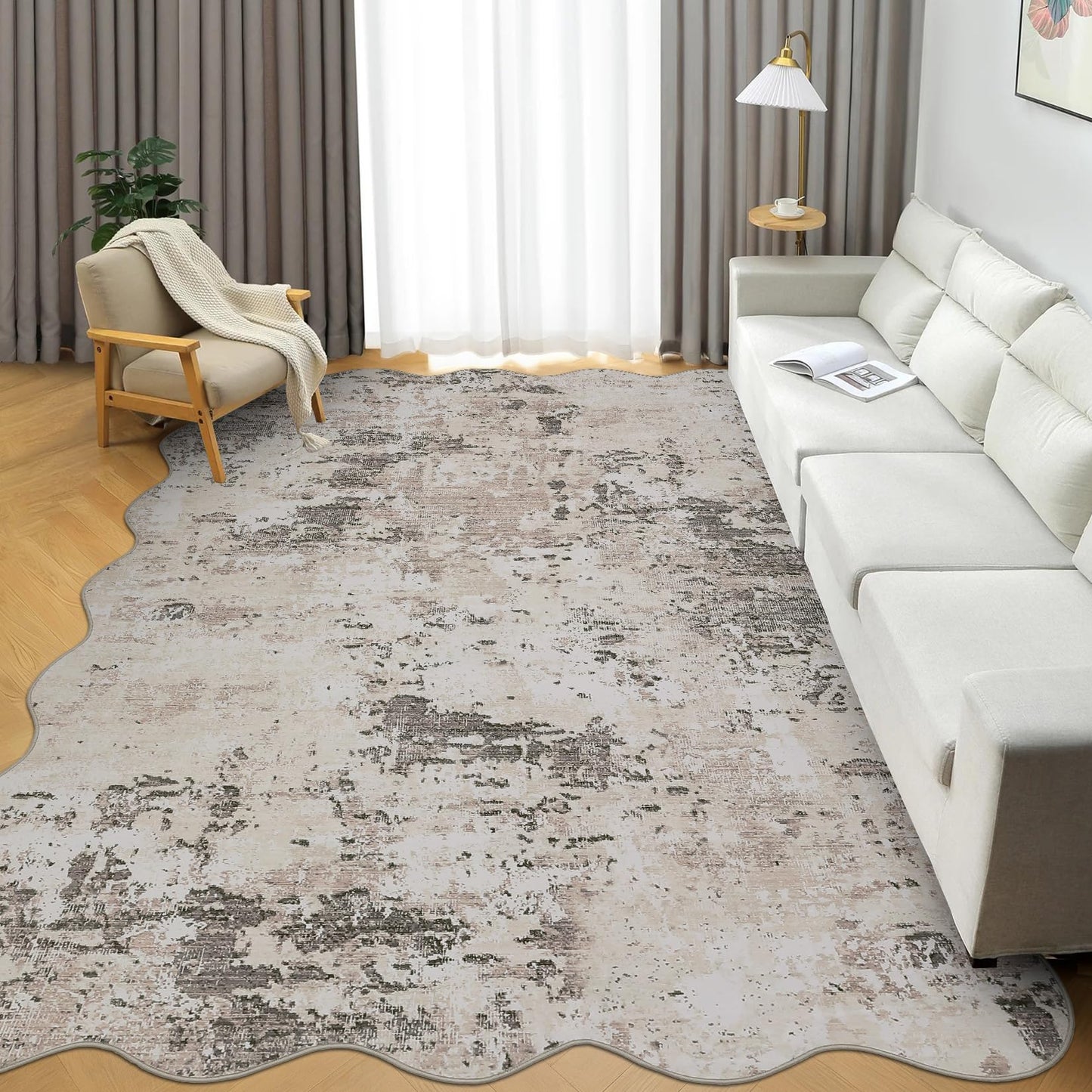 ROYHOME Modern Scalloped Abstract Area Rug 10x13 Non Slip Non Shedding Rug Low Pile Stain Resistant for Bedroom Living Room,Brown Grey
