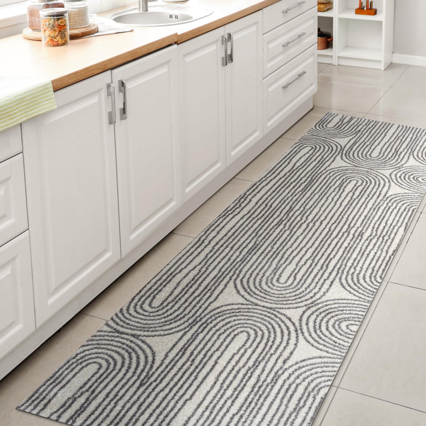 JONATHAN Y Machine Washable Cream/Dark Gray Runner Rug 2X8 ft, Doodle Contemporary Glam Geometric for Living Room, Bedroom, Kitchen, Office, Easy-Cleaning, Pet-Friendly, Non-Shedding WSH310A-28
