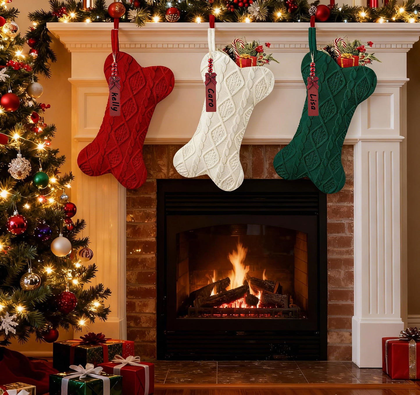 Galetcy Bone Shaped Dog Christmas Stockings, 3 Pack Cable Knit Xmas Stockings Personalized with Name Tag Hanging Pet Stockings for Dogs Cats