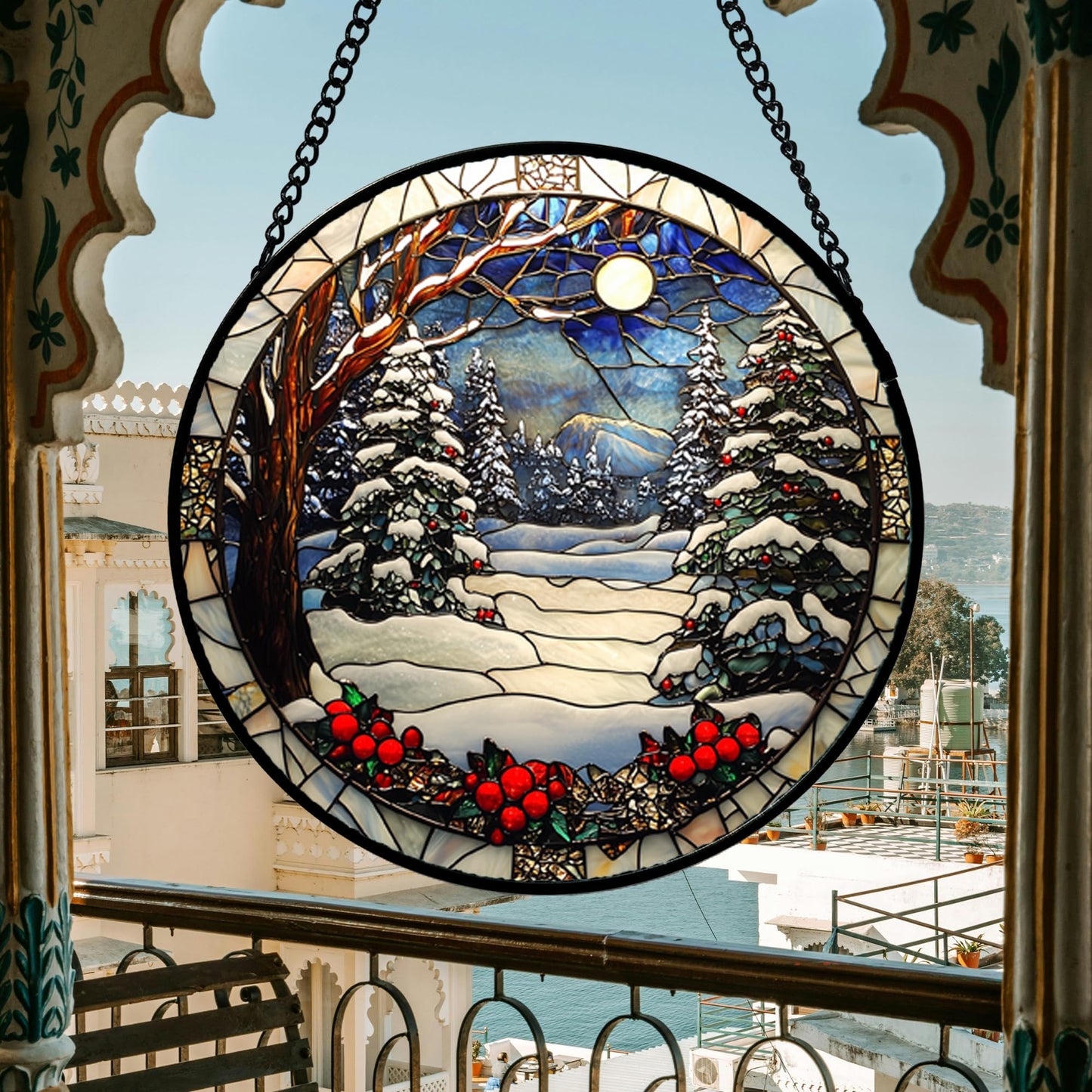 DASTOLL Stained Glass Window Hanging Christmas Tree Winter Snow Night Scenery 7.8" - Suncatcher Door Garden Kitchen Sun Catcher Home Decor Birthday for Mom Men Woman Friend