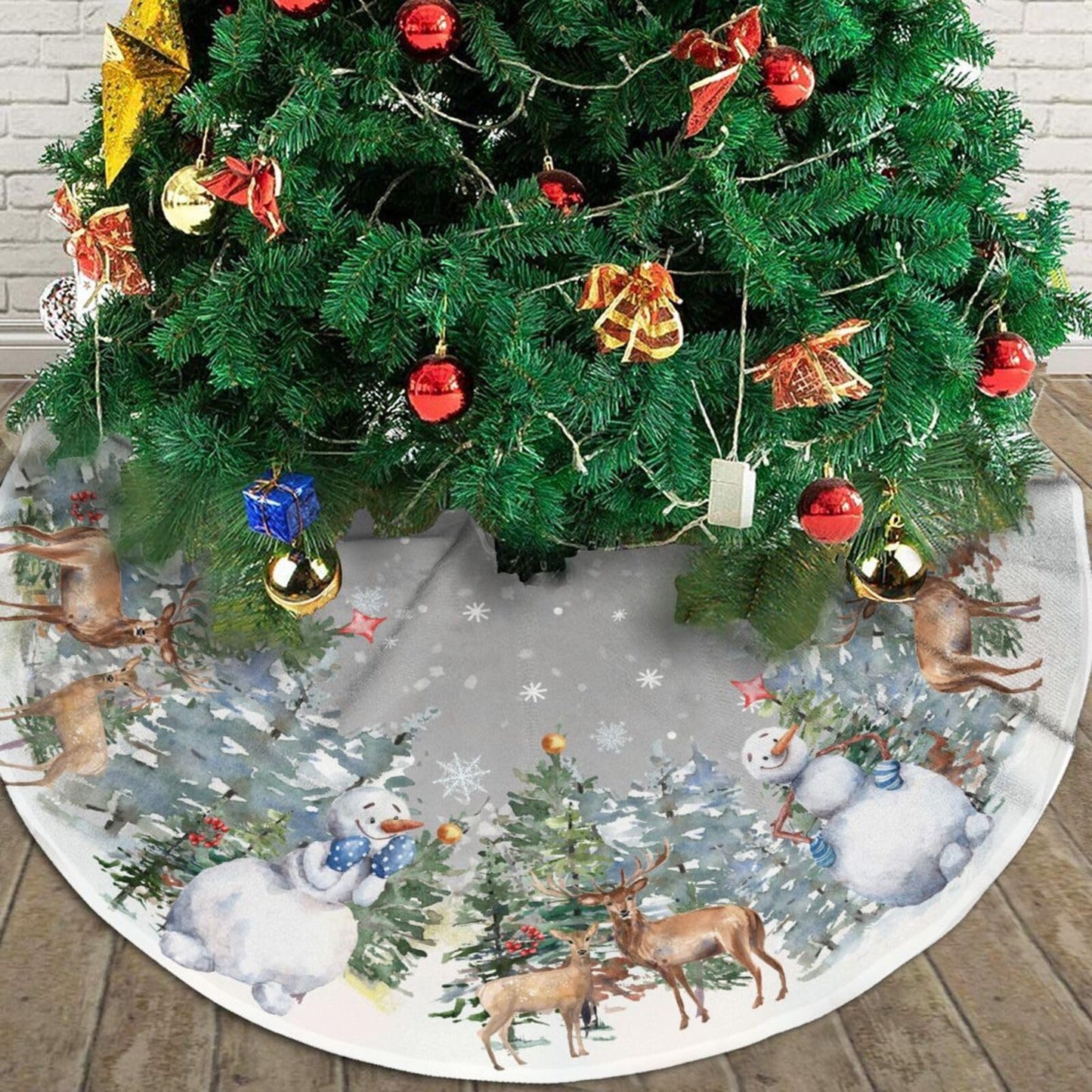 Snowman Reindeer Snowflake Christmas Tree Skirt 36" Tree Mat for Party Decorations Indoor Outdoor Ornaments