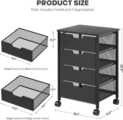 Rolling Cart with Drawers, Wooden Top and Front, with Wheels Metal Under Desk Storage Cart with 4 Drawers, for Office, Bedroom, Classroom, Home, Black