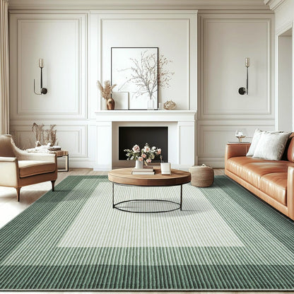 GarveeHome Washable Rug 8x10 Living Room Rug Neutral Bordered Carpet for Dining Room Solid Non Slip Low Pile Pet Friendly Large Carpet for Farmhouse Apartment Bedroom Dorm Green