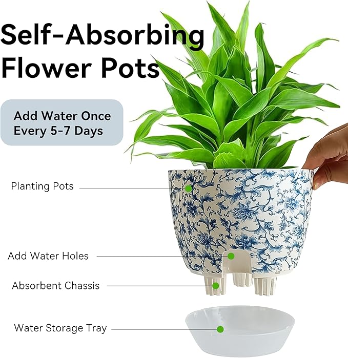 Print Flowerpots Round Plant Pots - 2 Pack Outdoor Garden Planter Plastic Indoor Modern Decorative Succulent Houseplant Pot with Drainage 5FP-BLUWHT
