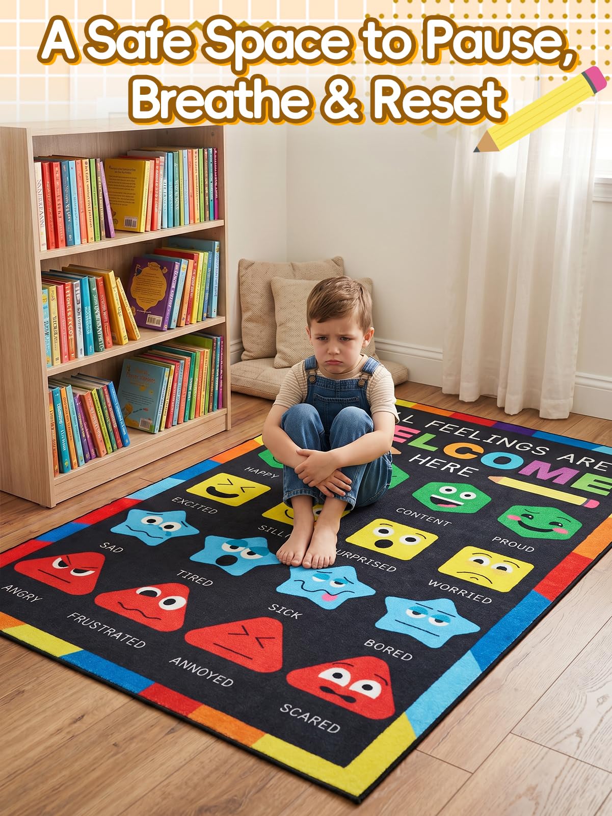 Beeplove 36''x60'' Calm Down Corner Supplies Classroom Rug - Non-Slip Backing with 8 Grippers, Feelings Chart Kids Reading Rug for Preschool Nursery Back to School Classroom Decor, Raibow & Black