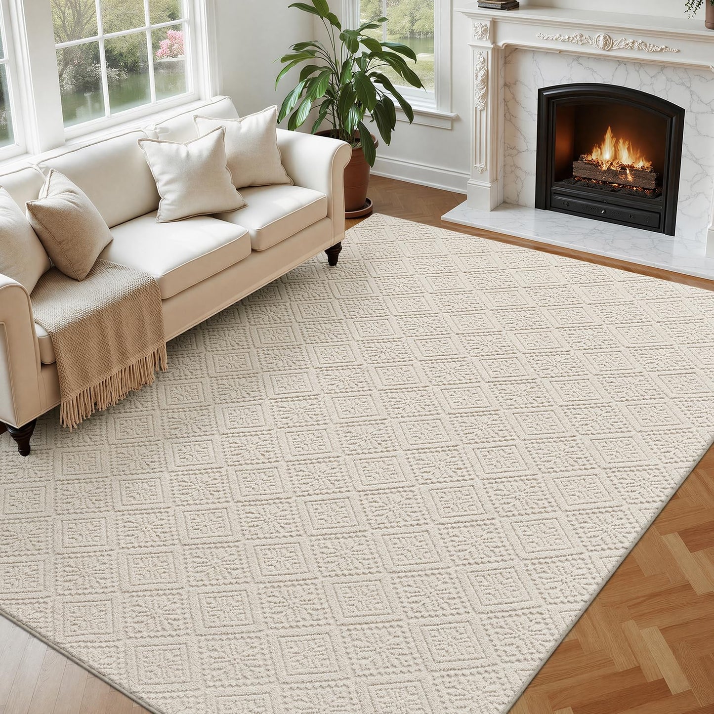 U'Artlines 6x9 Beige Washable Area Rug for Living Room, Soft Fluffy High Low Textured Carpet, Modern Neutral Geometric Non Slip Rugs for Bedroom Dining Room Kids Room