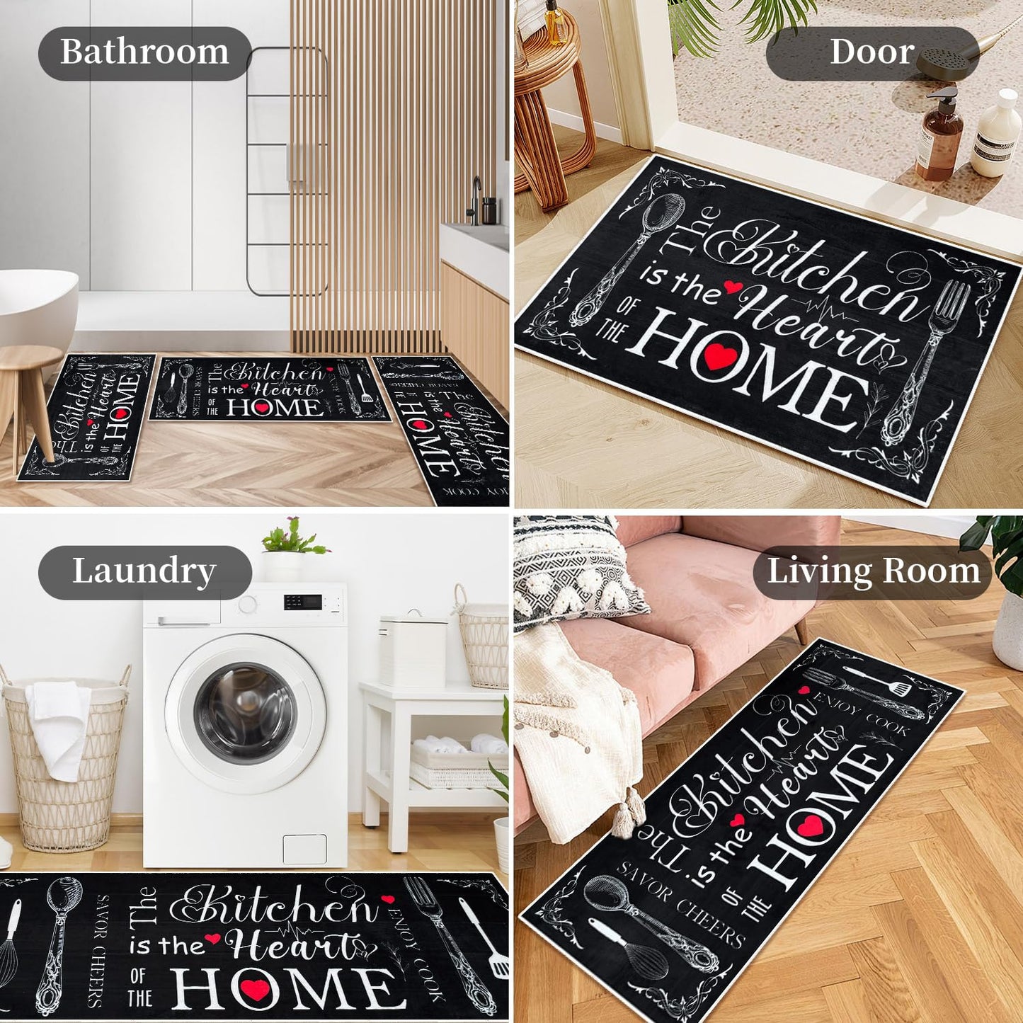 Farmhouse Kitchen Rugs 3 Piece Set, Washable Non-Slip Area Rugs and Mats, Rustic Runner Carpets for Kitchen Floors, Laundry Rooms and Hallways (Black, 20"x32"+20"x47"+20"x59")