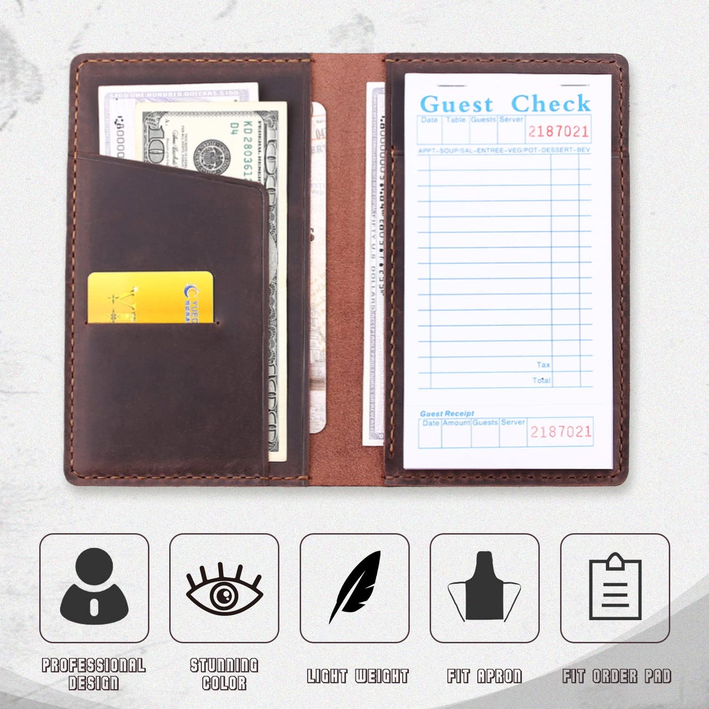 Fasjosma Server Books for Waitress,Leather Restaurant Guest Check Presenters Card Holder for Waitress,Restaurant Waitstaff Organizer with Money Pocket,Waiter Accessories Fit Server Apron-Coffee