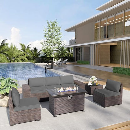 Kurapika 7 Pieces Patio Furniture Set, Rattan Outdoor Conversation Sets w/43in Propane Fire Pit Table and 4 Inch Cushion(Grey)