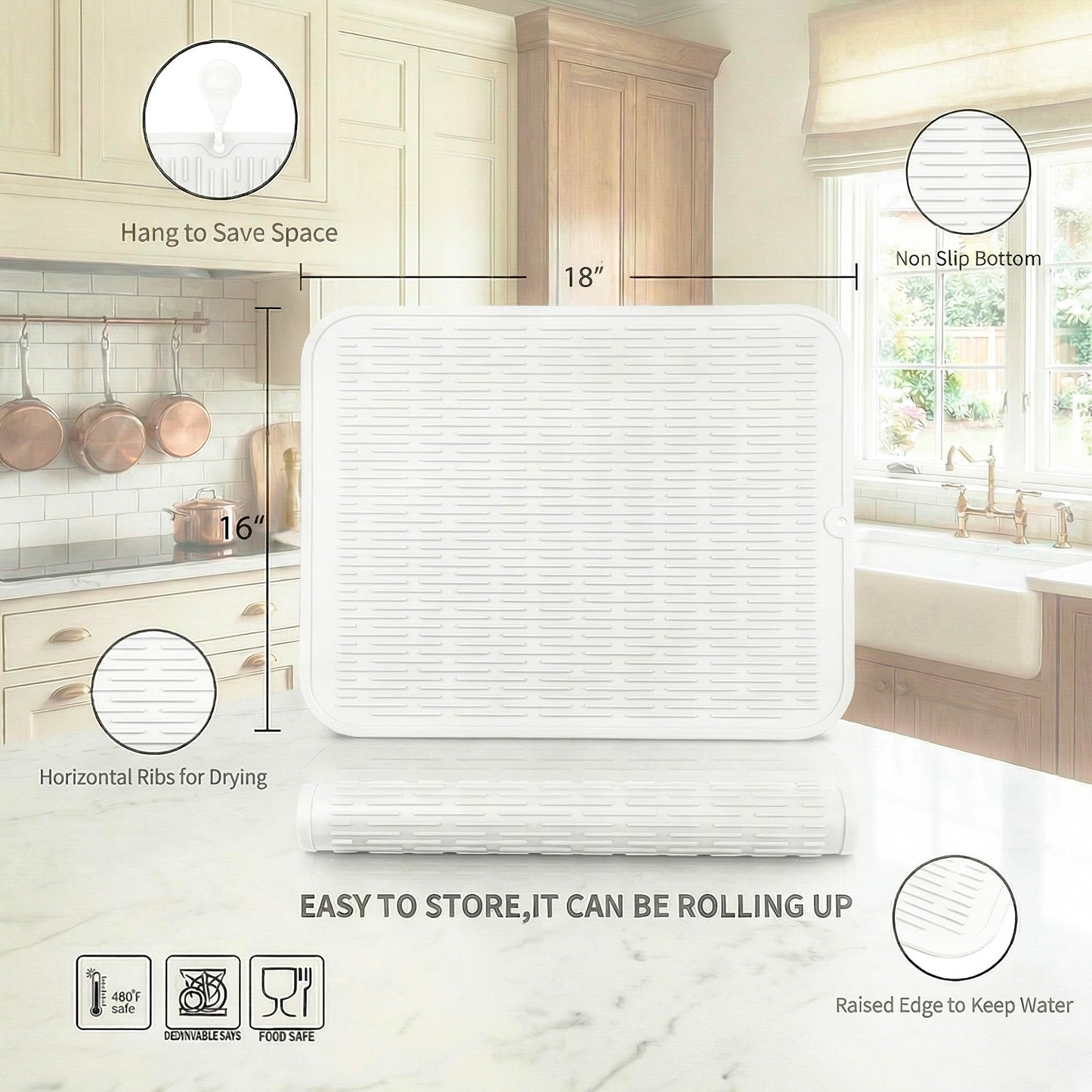 MicoYang Silicone Dish Drying Mat for Multiple Usage,Easy clean,Eco-friendly,Heat-resistant Silicone Mat for Kitchen Counter or Sink,Refrigerator or Drawer Liner White XL 18 inches x 16 inches