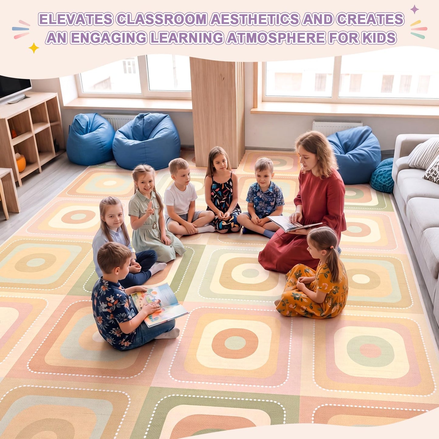 Amylove 7.6 x 12 ft Large Classroom Rug Elementary, Rounded Squares Circle Time Seating Area Rug, Soft Boho Educational Carpet for Preschool, Kindergarten & Daycare, Learning Play Mat, Seats 24
