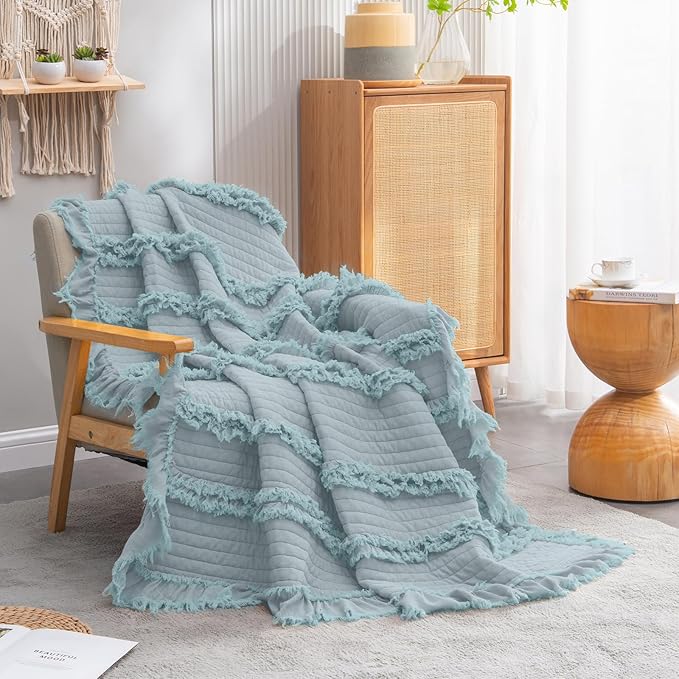 Ultra Soft Pre-Washed Quilted Boho Blue Green Twin Size Blankets for Bed, Ruffle Fringed Decorative Throw, Stone Washed Chic Rustic Blanket for Sofa Couch Bed, 60"*80"