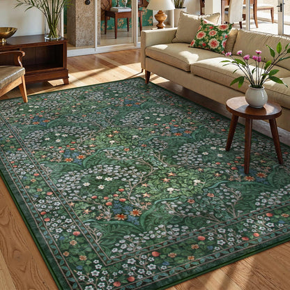 Lahome Dark Green Bedroom Rugs 5x7, Soft Washable Rugs for Dining Room, Boho Non Slip Low Pile Forest Stain Resistance Floral Carpet for Living Room Office Giverny, Dark Green