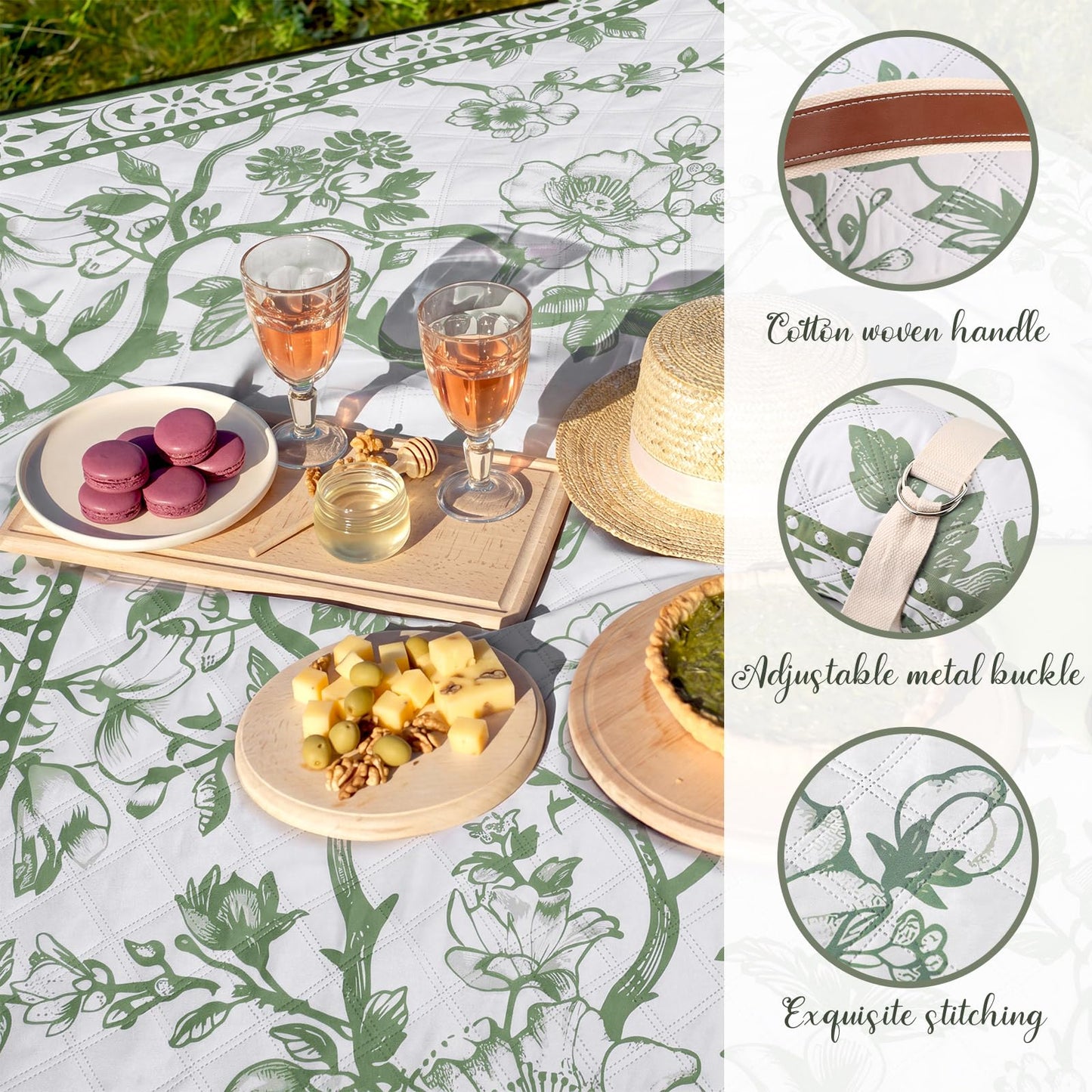Newwiee 80 x 80 Inch Green Floral Picnic Blanket Extra Large Outdoor Chinoiserie Picnic Mat with Carry Strap Waterproof Sandproof Blanket Foldable Portable for Beach Camping Grass Lawn Park