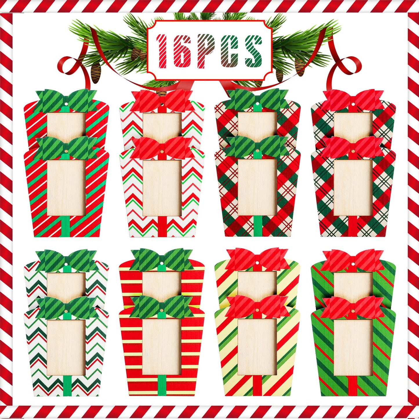 Blulu 16 Pieces Christmas Picture Frame Ornaments for Tree Christmas Hanging Photo Frame Ornaments Red and White and Green Present Box for Tree Party Decorations