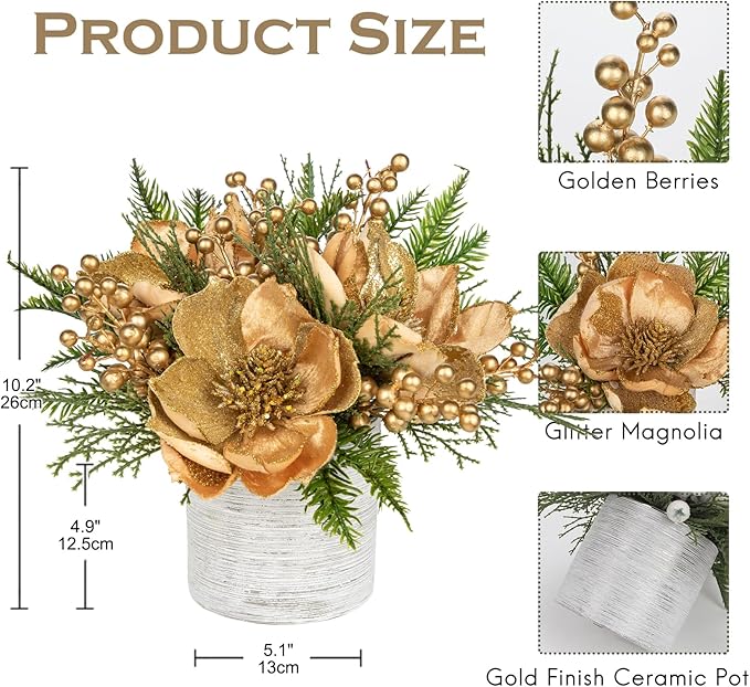 13 inch Gold Christmas Table Centerpiece 5" Glitter Magnolia Flower and Berries Fir Greenery Artificial Christmas Floral Centerpiece in Silver Ceramic Pot TableTop Christmas Table Arrangement Decor
