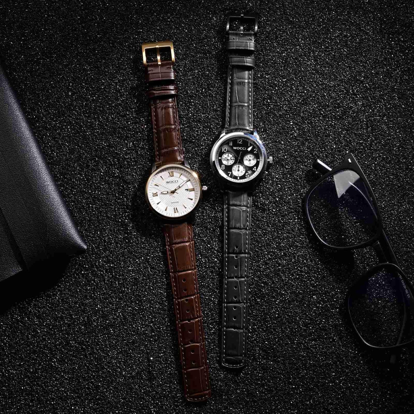 WOCCI 22mm Watch Band, Top Grain Leather, Embossed Alligator Grain, Quick Release, Black Buckle (Dark Grey)