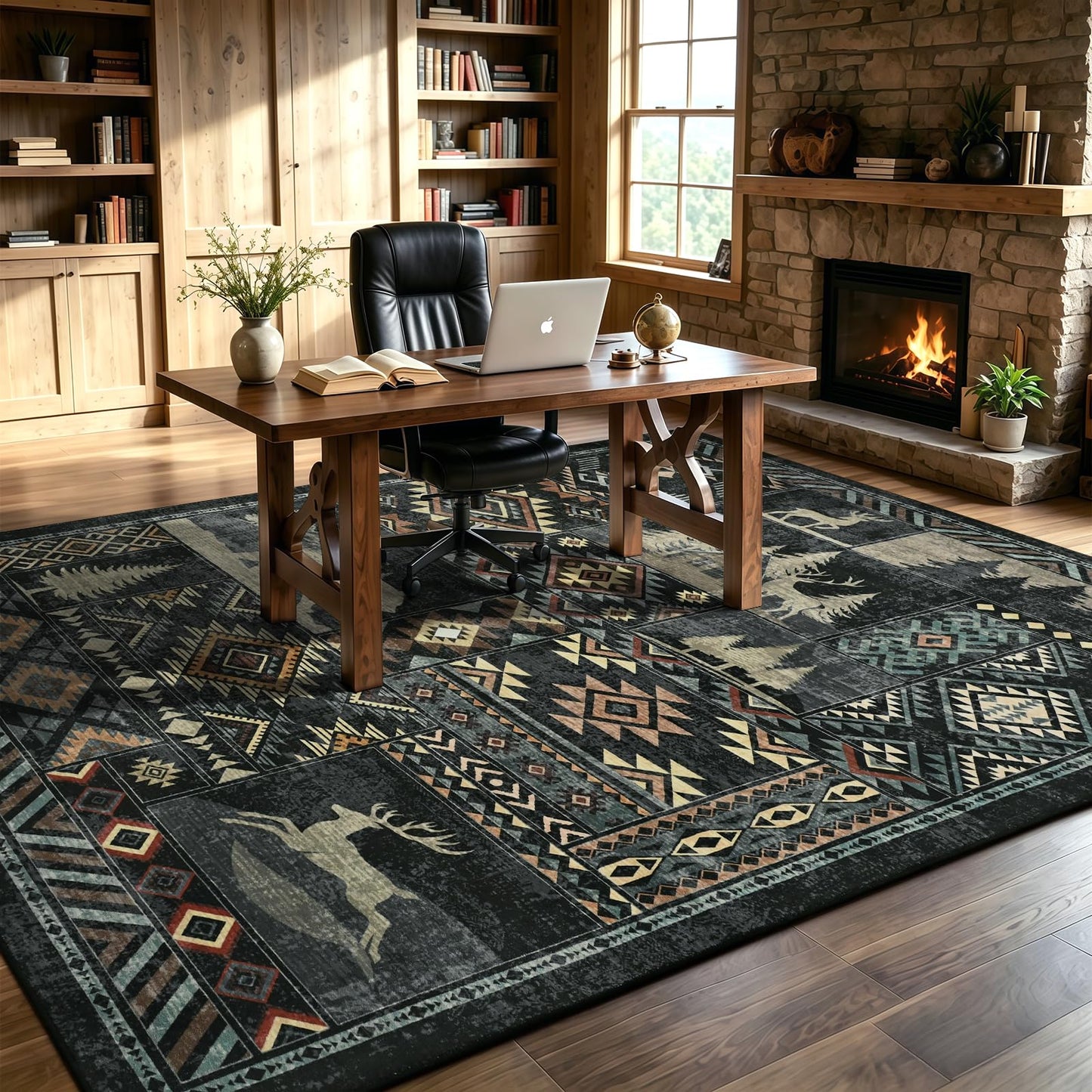 HOMORE Rustic Cabin Living Room Rug 5x7, Washable Southwestern Area Rug Geometric Carpet with Bear Print, Western Rugs for Bedroom Dining Room,Black