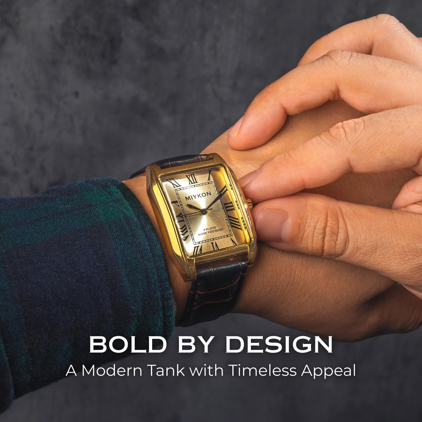 Miykon Vintage Watches for Men - Tank Square Gold Analog Watch with Brown Genuine Leather Wrist Strap for Classic Dress - Japanese Quartz, Waterproof to 100ft