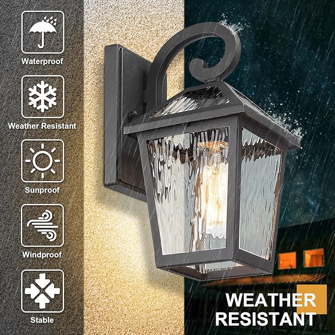 Outdoor Lights Fixtures Wall Mount, Outdoor Wall Lantern with Water Ripple Glass, Waterproof Outside Exterior Wall Sconce Lights Fixture for House, Front Porch, Patio, Matte Black