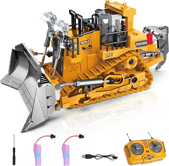 Remote Controlled Bulldozer 9-Channel Metal RC Construction Vehicle Toy with Lights Sound and Rechargeable Battery Remote Controlled Bulldozer Toy Gift for Kids Boys Girls Aged 4-12 (2.4 GHz)