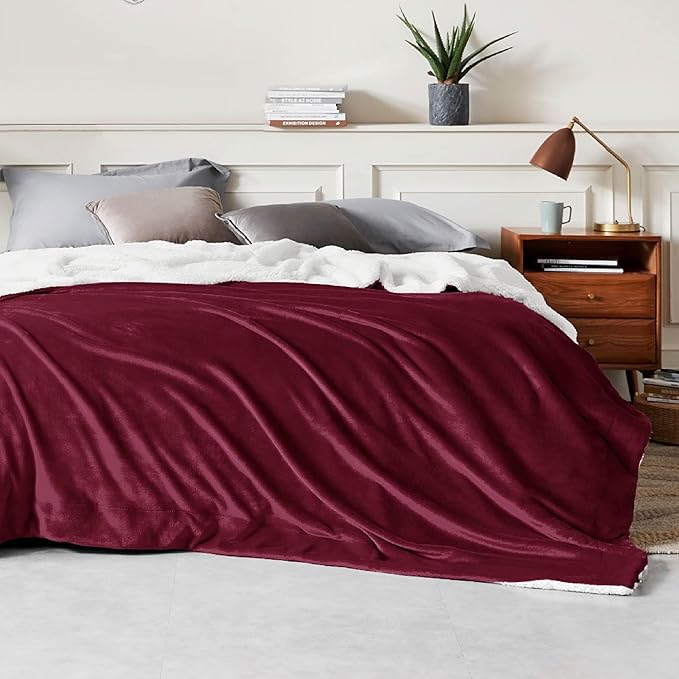 Bedsure GentleSoft Sherpa Fleece Blankets Queen Size for Bed - Thick and Warm Throw for Women, Soft Fuzzy Plush Queen Christmas Blanket for Winter, Burgundy, 90x90 Inches