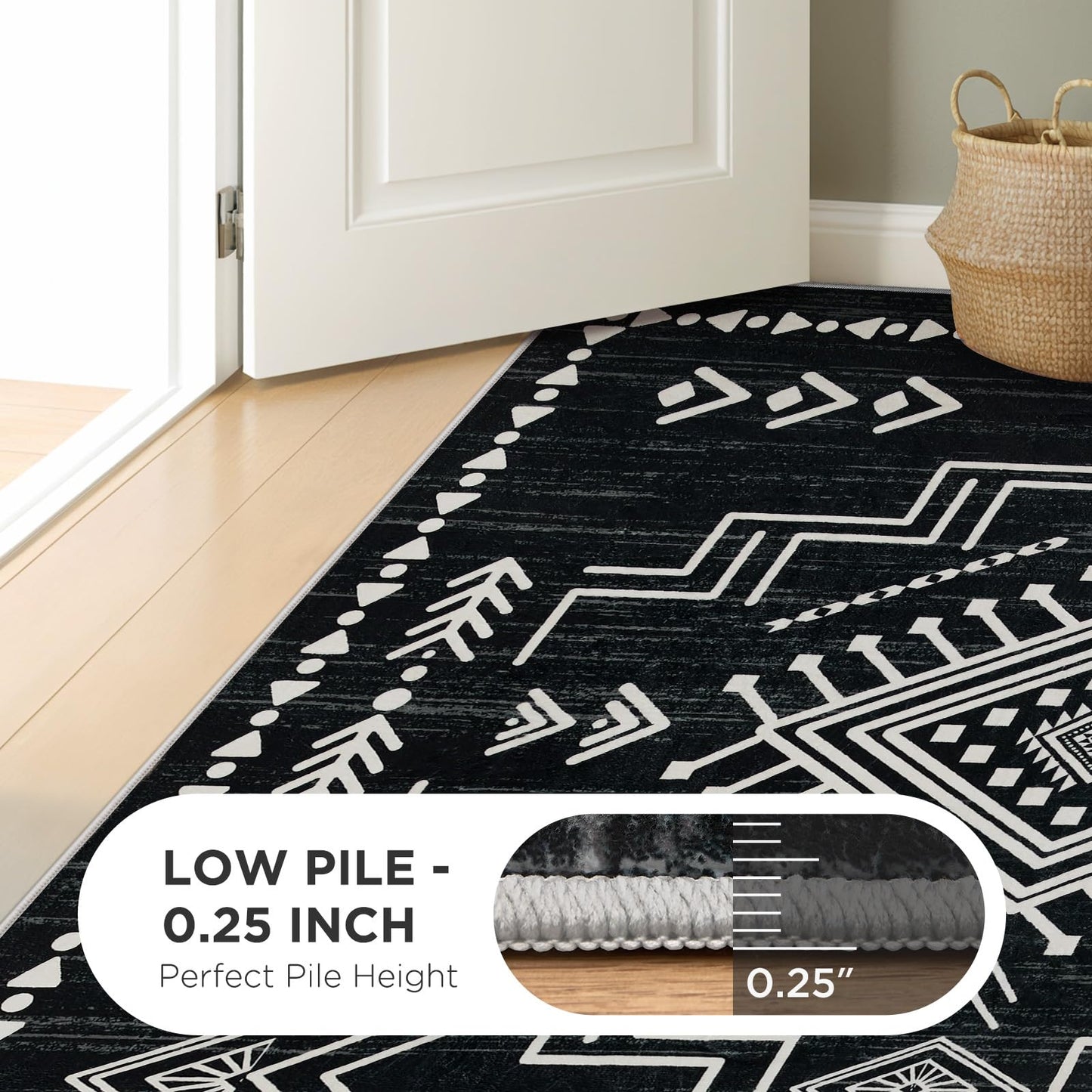 Joydeco Moroccan 5x7 Western Black and White Rugs for Living Room, Washable Soft Aztec Rug for Bedroom, Low Pile Distressed Modern Carpet for Dining Room Playroom Office Home Decor