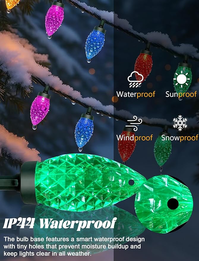50 Count C9 Christmas Lights Outdoor, 26FT Diamond-Cut Multicolor LED String Lights, Connectable Green Wire Vintage Christmas Lights for House, Roofline, Trees, Garden & Christmas Outdoor Decorations
