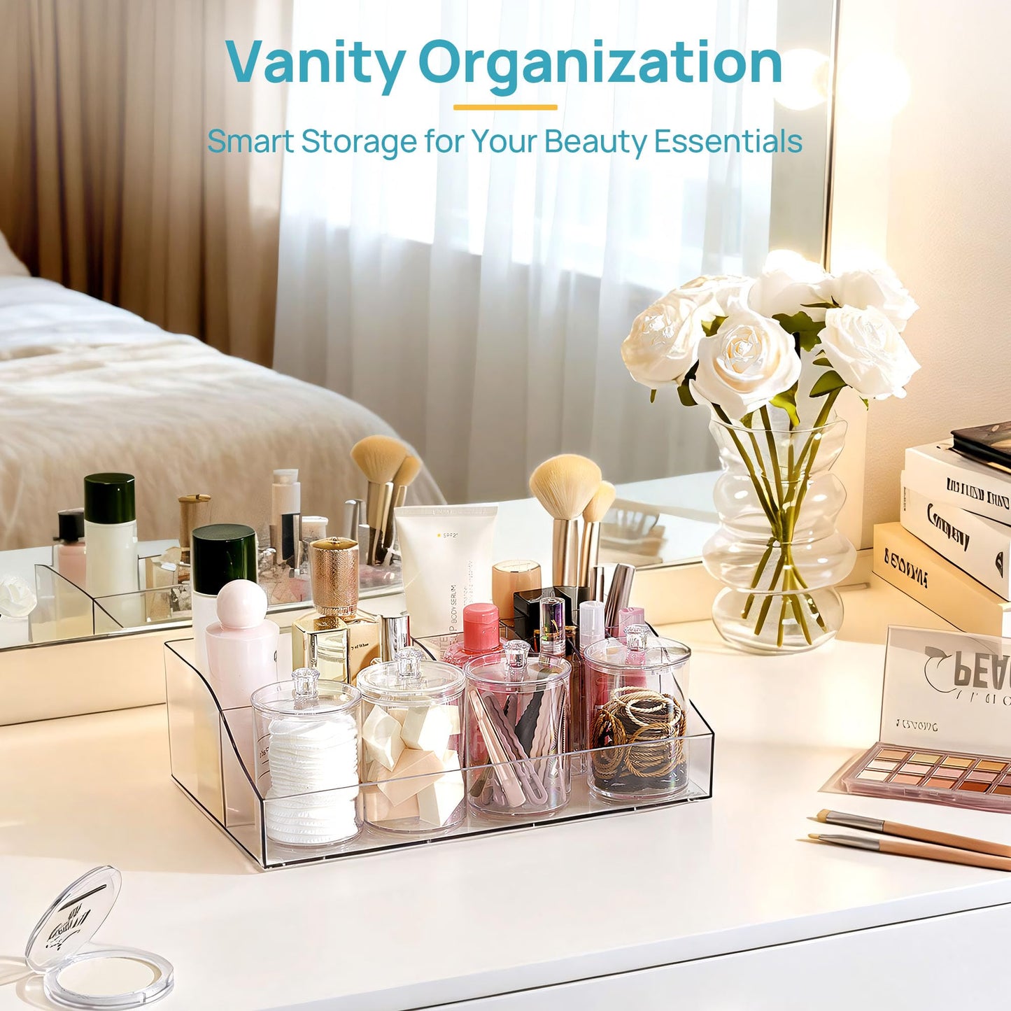 Vtopmart 5 PCS Bathroom Countertop Organizer, 1 Divided Tray with 4 Qtip Holder Jars, Restroom Clear Organizers for Toothbrush, Cotton Pads Balls, Floss, Bathroom Vanity Accessories Storage Set