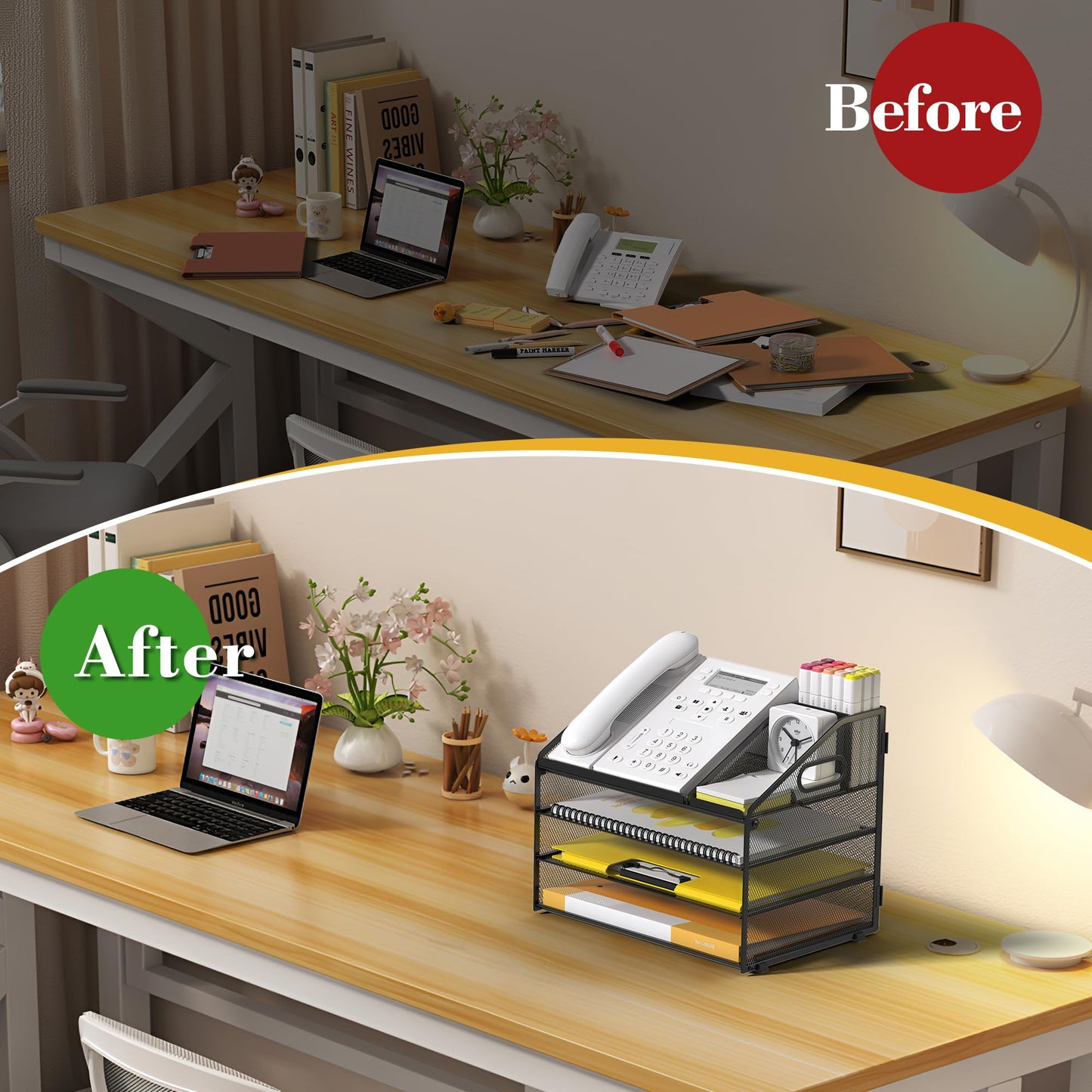 OrgMate Letter Tray Paper, 4 Tier Desk Organizer with Pen Holder and Handle Mesh File Organizer Paper Sorter Metal Desktop Document Shelf for Office Home Classroom -Black