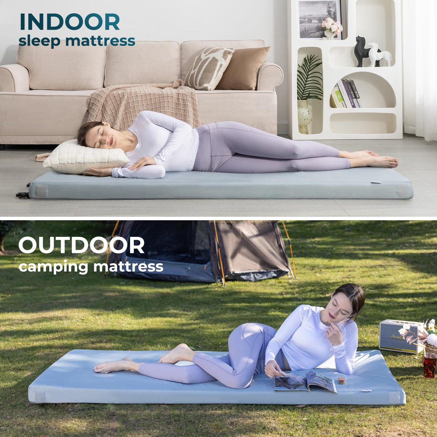 Kingfun 3 Inch CertiPUR-US Memory Foam Camping Mattress Pad, Waterproof Roll up Sleeping Pad, Thick Floor Sleeping Mats for Tent with Removable Travel Bag(Light Blue, Cot)