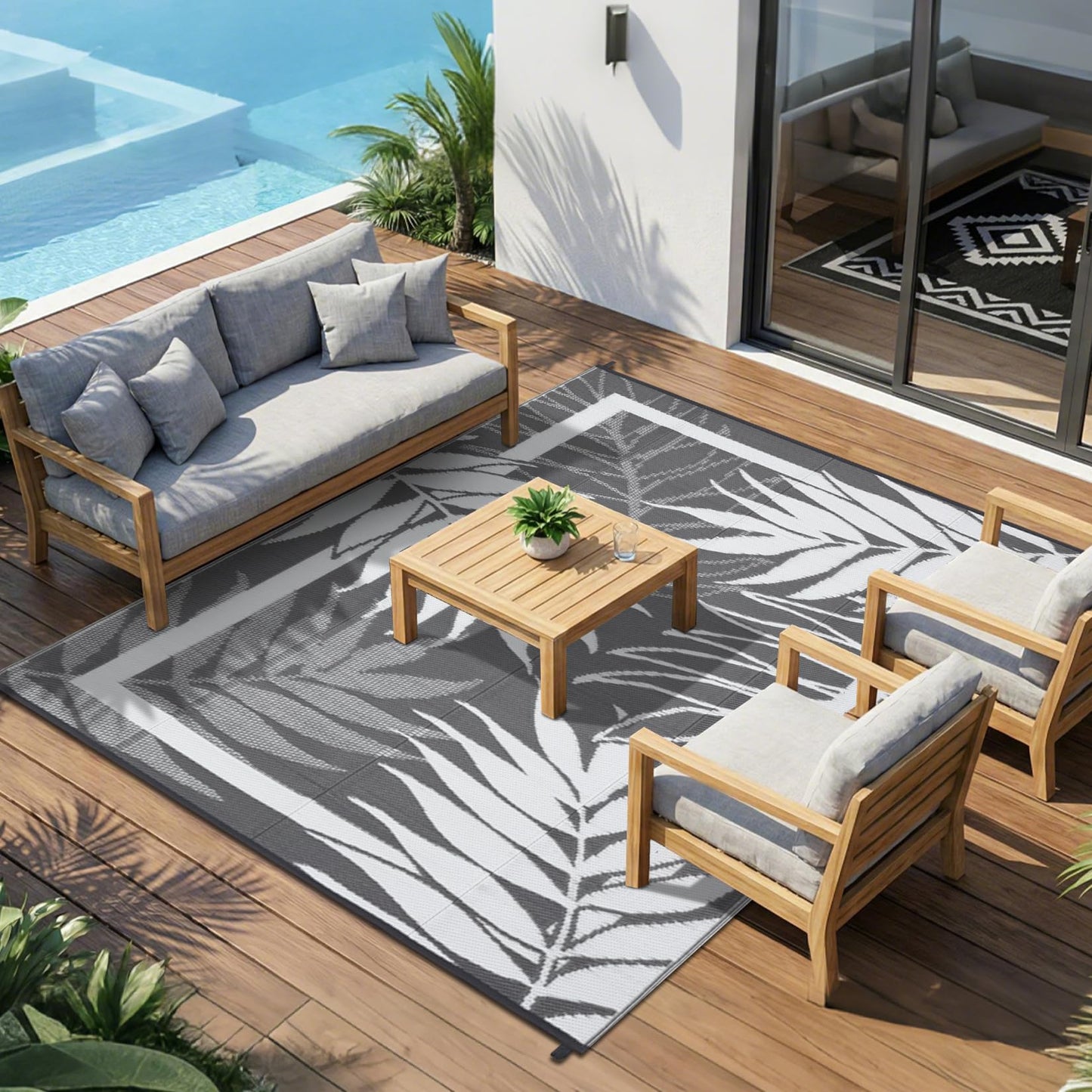 GAOMON 8'x10' Outdoor Rug Waterproof, Reversible Plastic Straw Rug for Balcony, Small Patio, Porch, RV & Camping – UV Resistant, Easy Clean, Pet Friendly Outdoor Mat for Compact Spaces, Grey&White