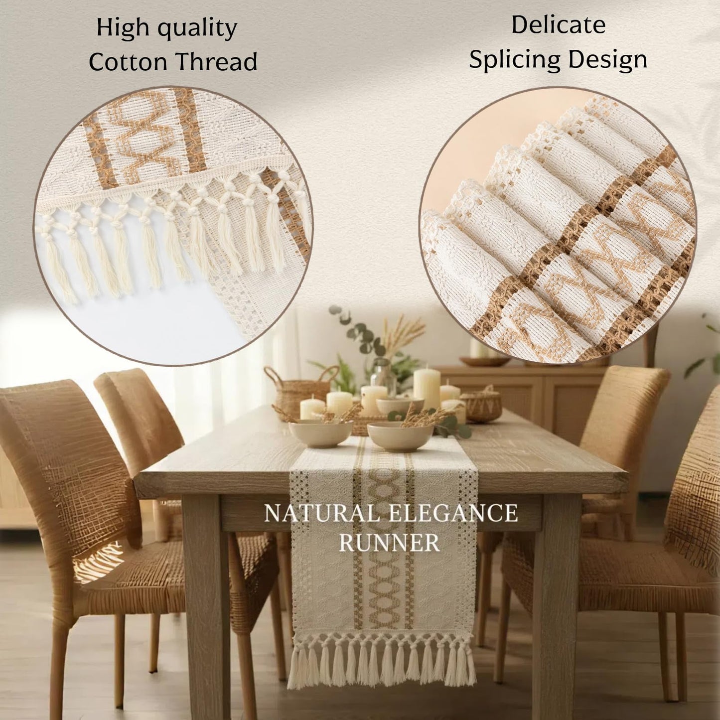 Boho Table Runner for Christmas ,Woven Cream & Brown Macrame Dining Table Runner Pottery Barn Farmhouse Rustic Burlap Home Chic Decor for Kitchen Bedroom Living Room New Year(12 x 70 in)