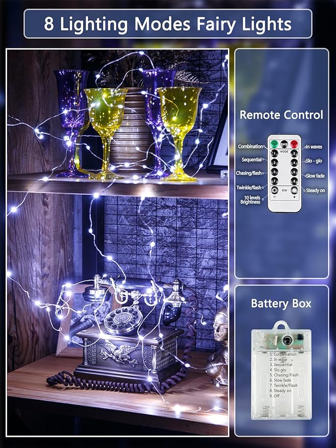 4 Pack Fairy Lights Battery Operated with Remote Control Timer, 26 FT 80 LED String Lights Outdoor Indoor, 8 Mode Twinkle Lights for Christmas Party Wedding Birthday Bedroom Décor (Cool White)