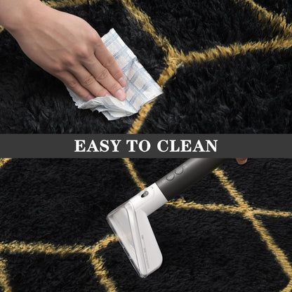 ARKIIKI Large Rugs for Living Room, 8x10 Black Fluffy Bedroom Area Rug, Shag Geometric Soft Fuzzy Carpets Big Kids Room Rug, Non-Slip Plush Modern Rug for Office Home Decor Aesthetic, Black/Gold