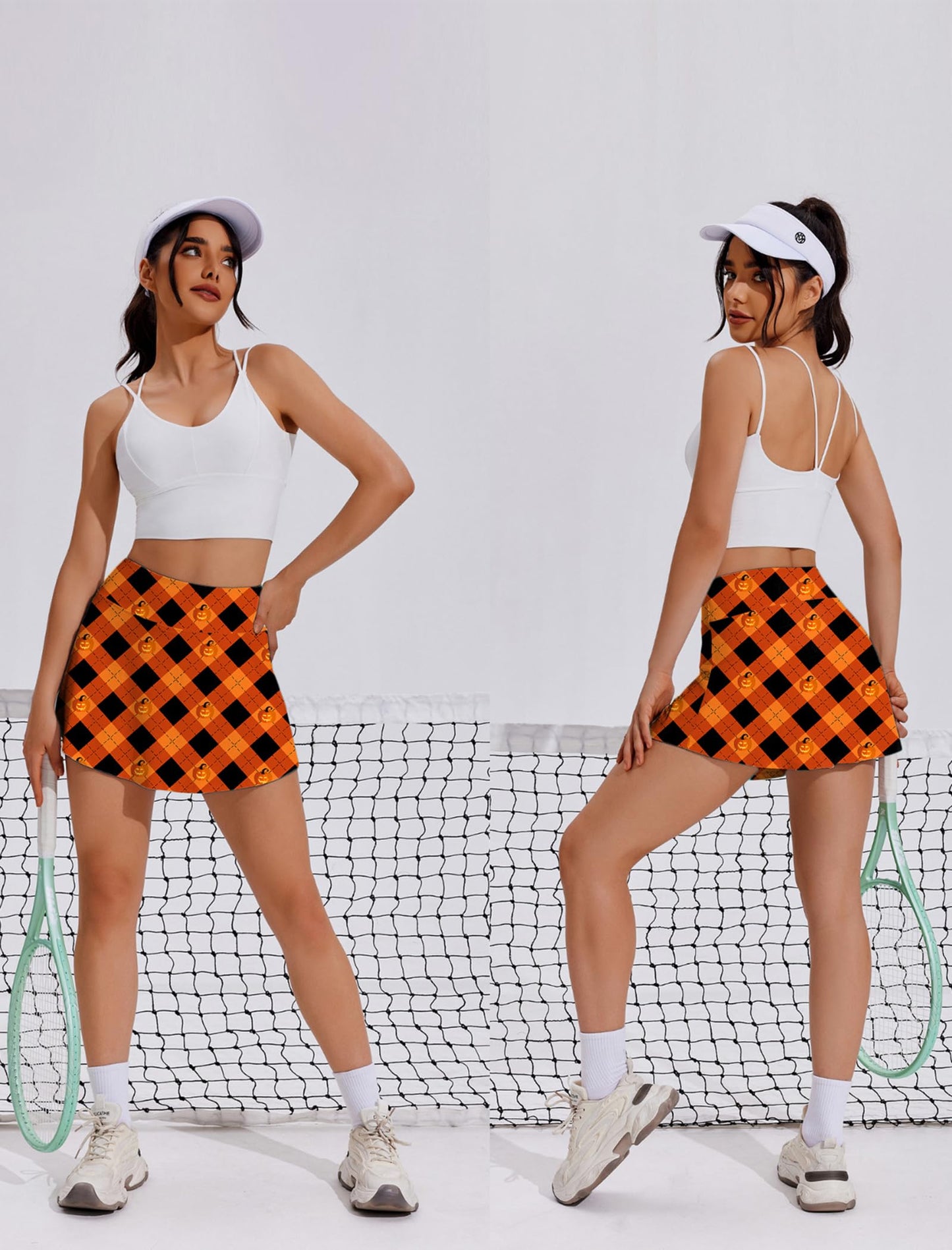 PINSPARK Tennis Skirts Women Pleated Athletic Skirt with Shorts Underneath Wicking Golf Skorts Activewear,Orange Print Small