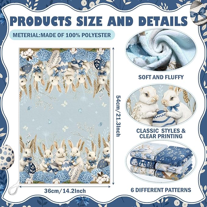 Breling Set of 6 Easter Decorations Easter Kitchen Towels Blue Rabbits Bunny