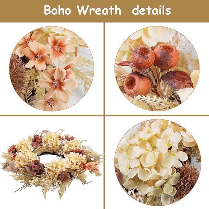 20 Inch Winter Fall Wreaths for Front Door, Boho Front Door Wreath, Fake Dried Hydrangea Flowers, Burlap, Pampas Fall Decorations for Home Farmhouse Front Porch