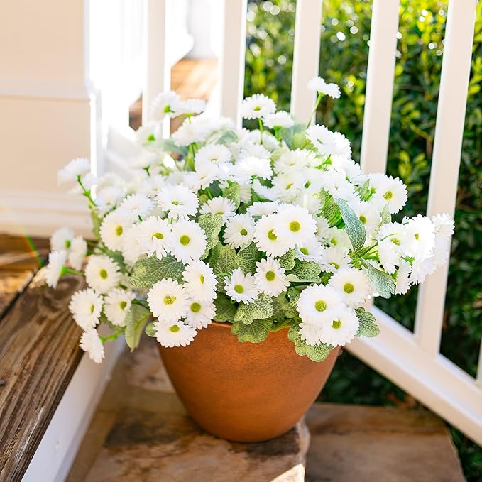 HyeFlora Dahlia Artificial Fall Flowers for Outdoors Autumn Decoration, 6 Bundles Fake Mums White Faux Flowers Plants Realistic UV Resistant Silk Flowers for Outside Planter Front Door Yard Garden